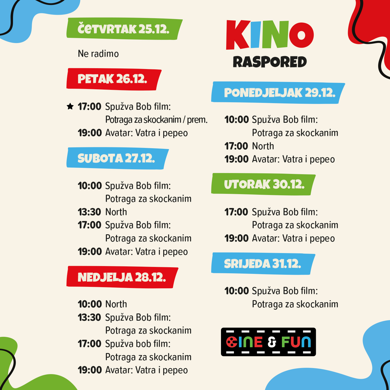 Cine&Fun, Jug Mall, kino rapored, program, Čakovec, Cakovec, Spužva bob Skockani