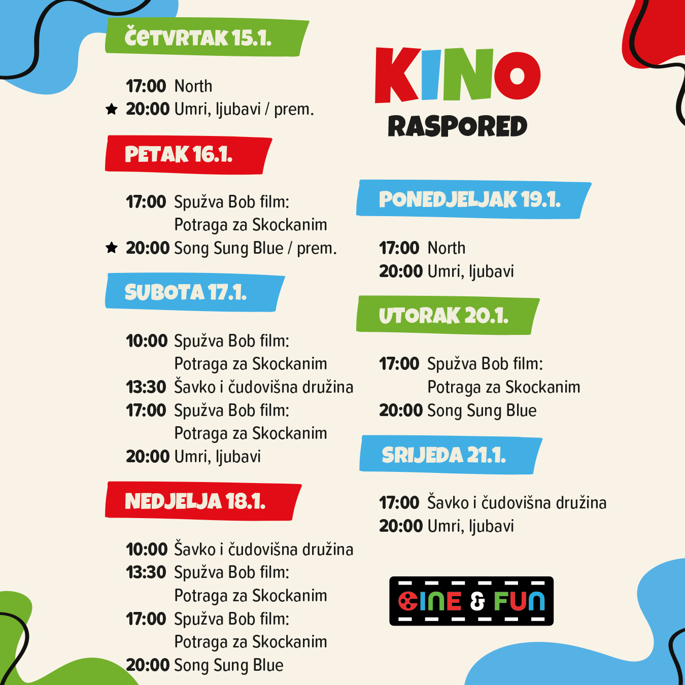 Cine&Fun, Jug Mall, kino rapored, program, Čakovec, Cakovec, Spužva bob Skockani