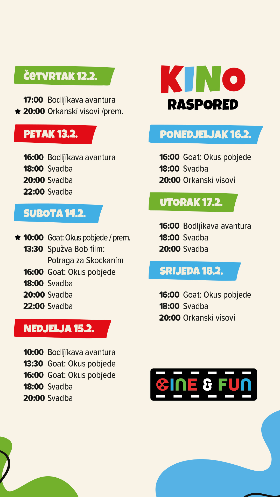 Cine&Fun, Jug Mall, kino rapored, program, Čakovec, Cakovec, Spužva bob Skockani, Svadba, Orkanski visovi